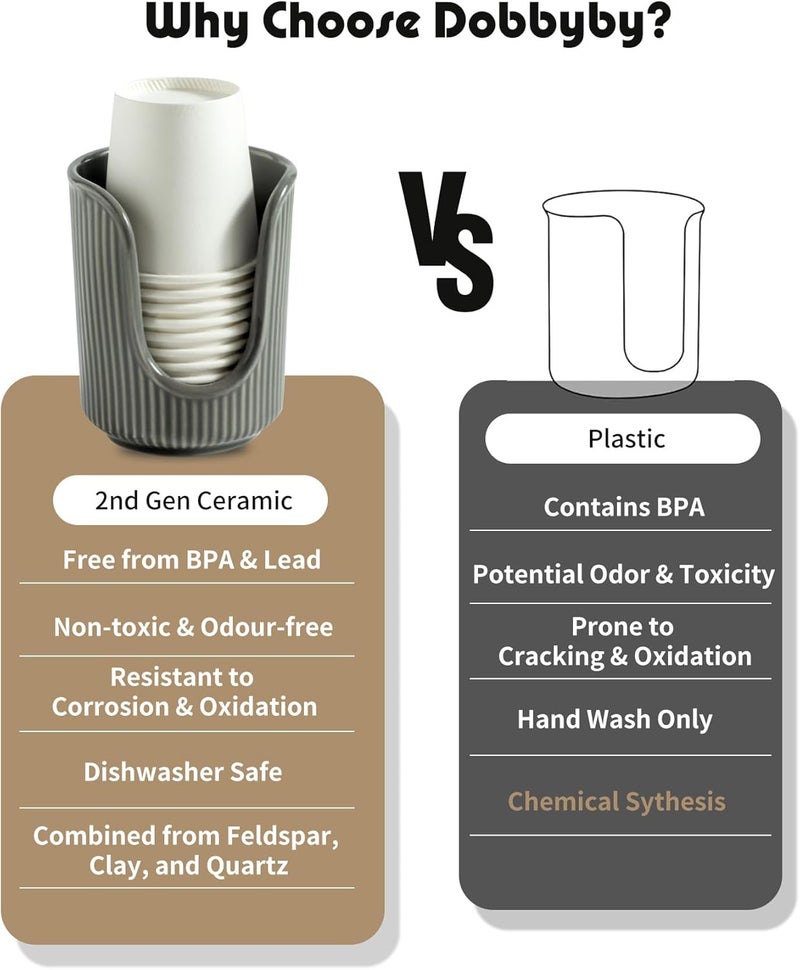 Dobbyby Ceramic Bathroom Cup Dispenser with Stylish Vertical Stripes - Disposable Mouthwash Cup Holder Holds 3-4oz Paper Cups for Rinsing Cups on Bathroom Vanity Countertops (Grey-Grey-2 Pack) - Image 2